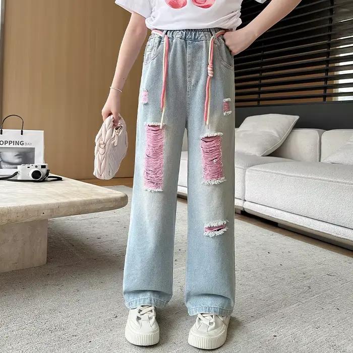 Mode enfant Y2K cordon jean pour Tweens fille détruit cassé Denim pantalon enfants adolescent déchiré