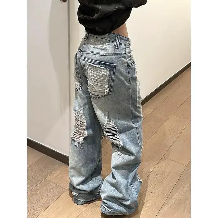 Pantalon en jean baggy déchiré style rétro américain pour femme haute street coupe ample matériau coton polyester pour occasions estivales et looks audacieux