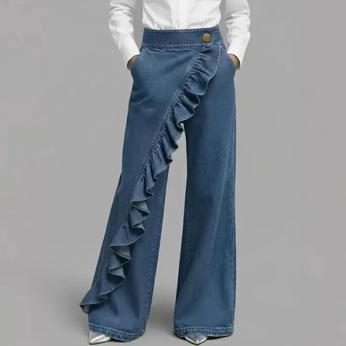 Jean en denim pour femme à volants, coupe large, style vintage et urbain, taille haute, bordure asymétrique, polyester robuste, occasionnels et événements formels