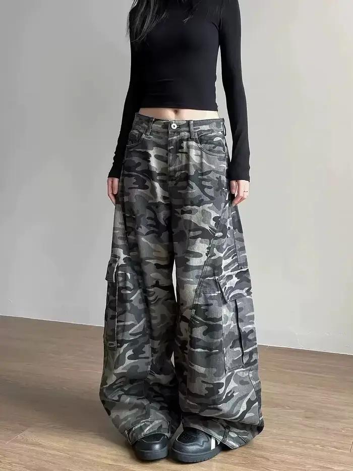 Jean de Camouflage taille haute pour femmes, Vintage, poches multiples, Hip Pop des années 2000, Baggy Y2K, pantalon en Denim, rétro américain, jambes larges