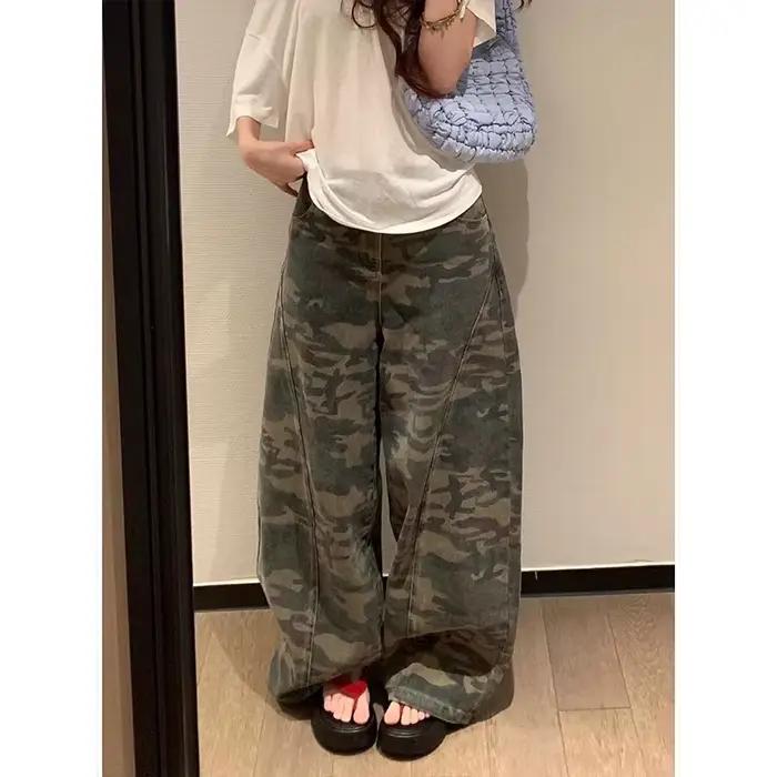 Jean Vert Militaire Femme Taille Haute Vintage Coupe Droite Ample Hip Hop Mode Américaine Jambe Large Denim Y2K