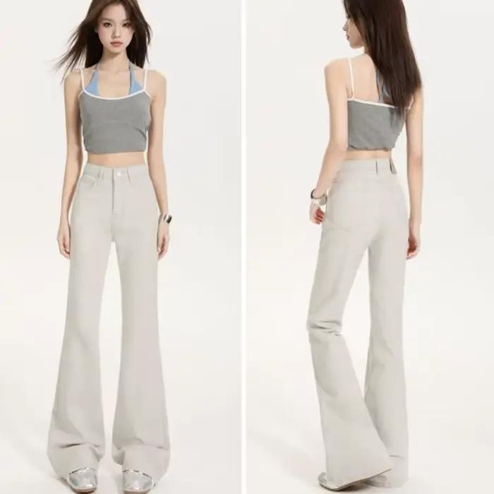 Jean évasé gris taille haute pour femme