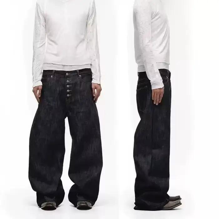 Jean rétro noir coupe droite décontracté unisexe printemps automne taille haute avec fermeture boutonnée en denim tendance pour hommes et femmes