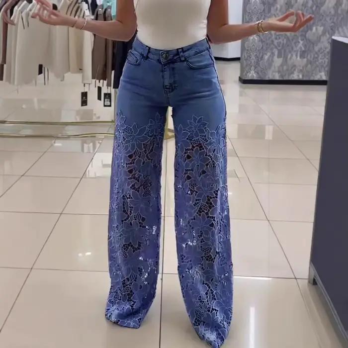 Pantalon ample denim élider femelle junior haute rue SANWOOD pour toutes les saisons occassions spéciales style élider coton polyester