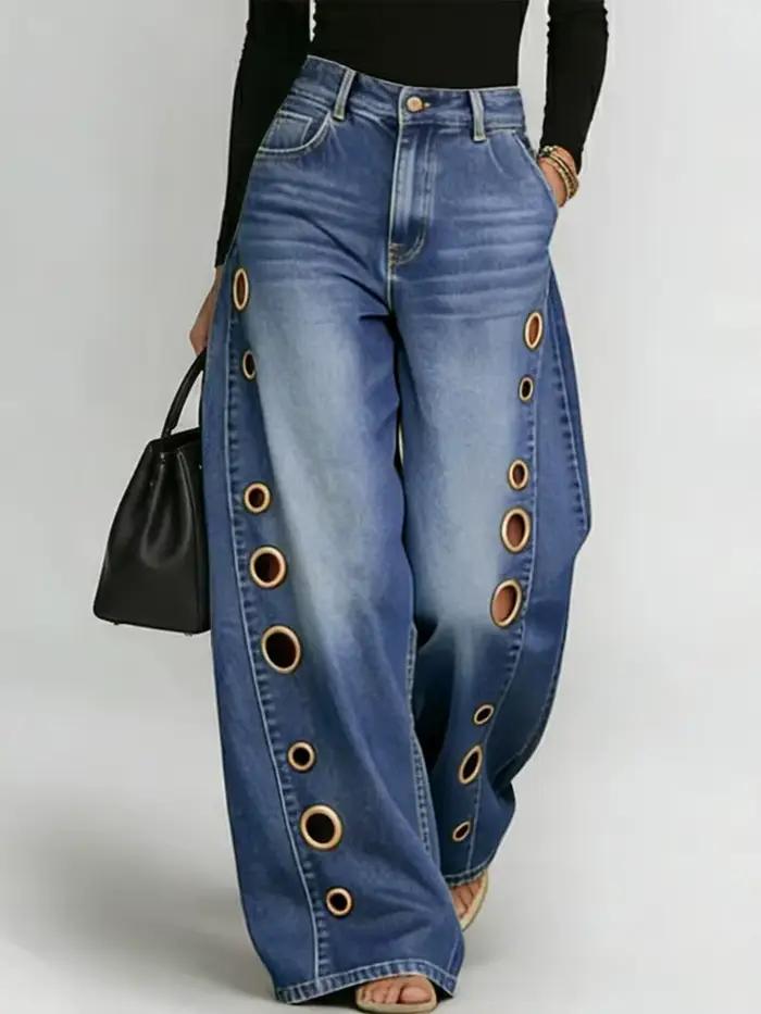 Jean large décontracté bleu délavé avec œillets métalliques pour femme occasions toute saison