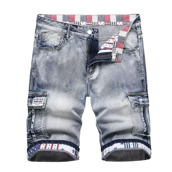 Shorts en Jean Hommes Décontractés à la Mode Lavé en Détresse Imprimé avec Appliques pour Voyages et Occasions Spéciales