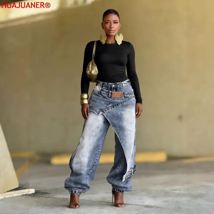 Jeans femme vintage coupe large délavé streetwear patchwork patches pantalon droit effet usé longueur ras du sol printemps 2026