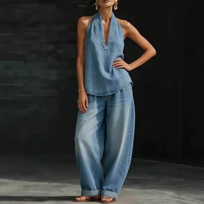 Ensemble pantalon et gilet en jean pour femme