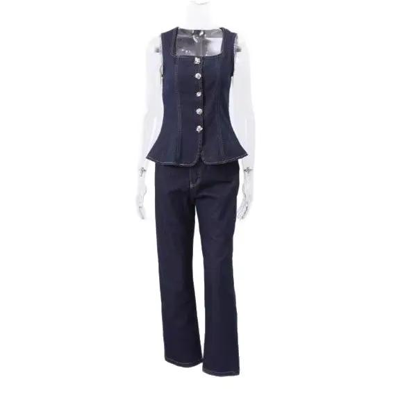 Ensemble Jean Taille Haute Boutonné et Haut Style Moderne pour Femme – Tenue Décontractée en Mélange Coton Polyester