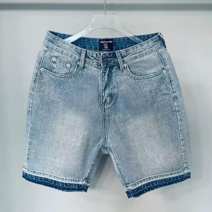 EMOTION mixte clouté lettrage Denim Shorts jean pour hommes femmes Hip Hop Vintage bleu Baggy
