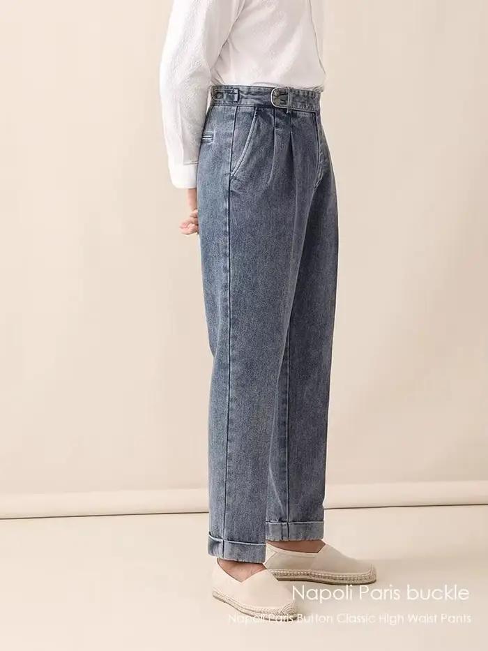 Mode Vintage hommes Naples jean pantalon Styles britanniques taille boucle