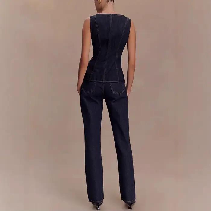 Ensemble Jean Taille Haute Boutonné et Haut Style Moderne pour Femme – Tenue Décontractée en Mélange Coton Polyester