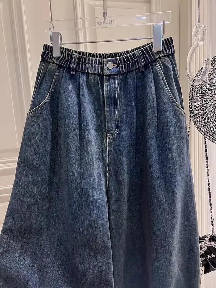Grande taille 5XL 140kg été automne cheville longueur pantalon élastique Wasit jambe large jean pour femme