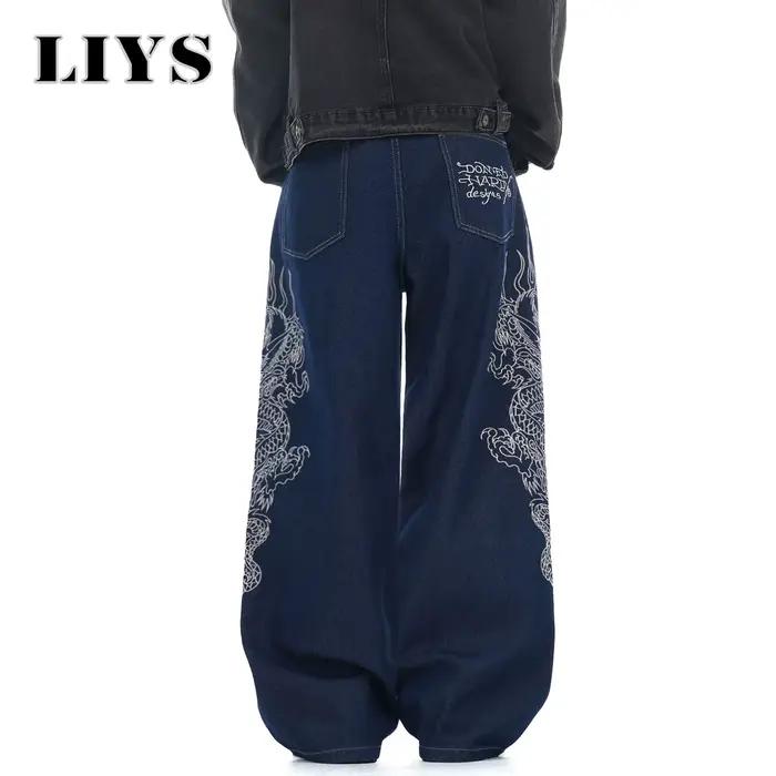 LIYS Nouveau Jean Baggy Bleu Brodé Dragon pour Homme