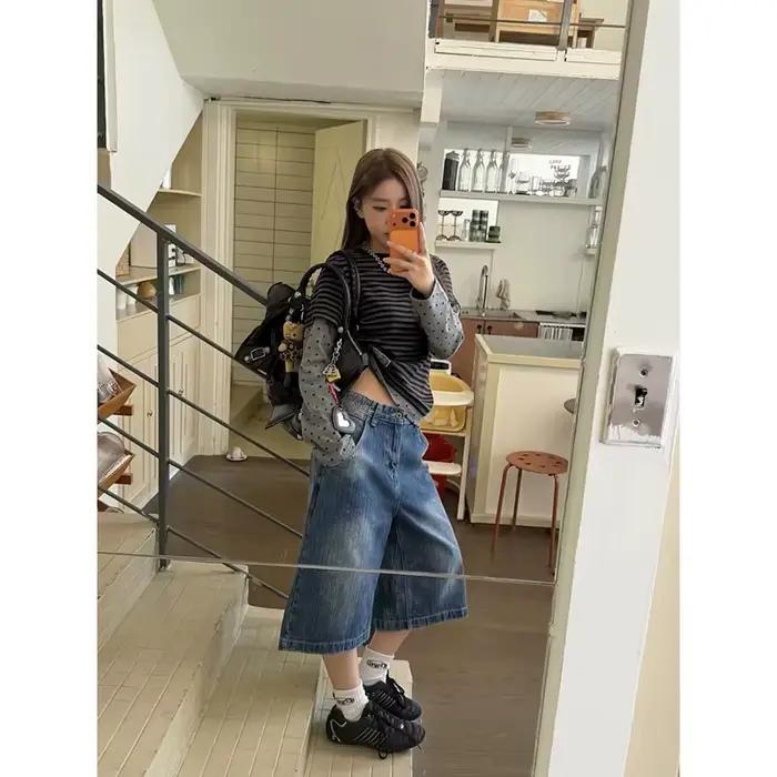 YIBASHU Short en jean brodé rétro américain pour femme
