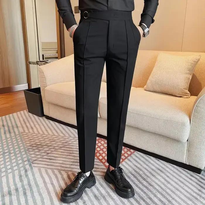 Pantalon décontracté taille haute homme style britannique automne hiver coton polyester élégant pour hommes occasions décontractées et formelles
