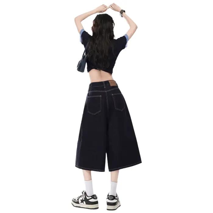 Jean en denim rétro américain taille haute coupe droite drapé pour femme
