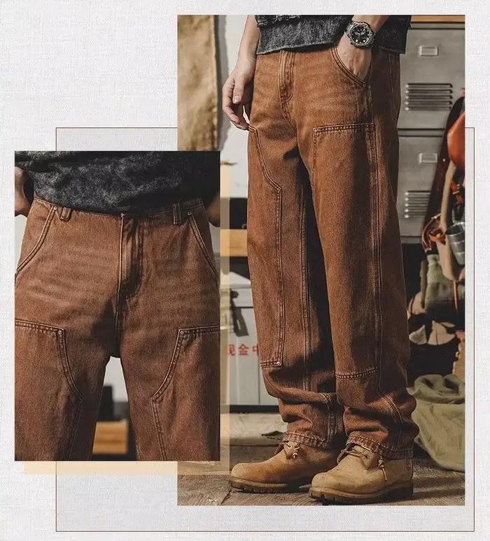 American Vintage Men's Jeans Make Old Loose Logging Cargo Pants Spring Autumn Splicing Design Straight Denim Trousers Male Retro