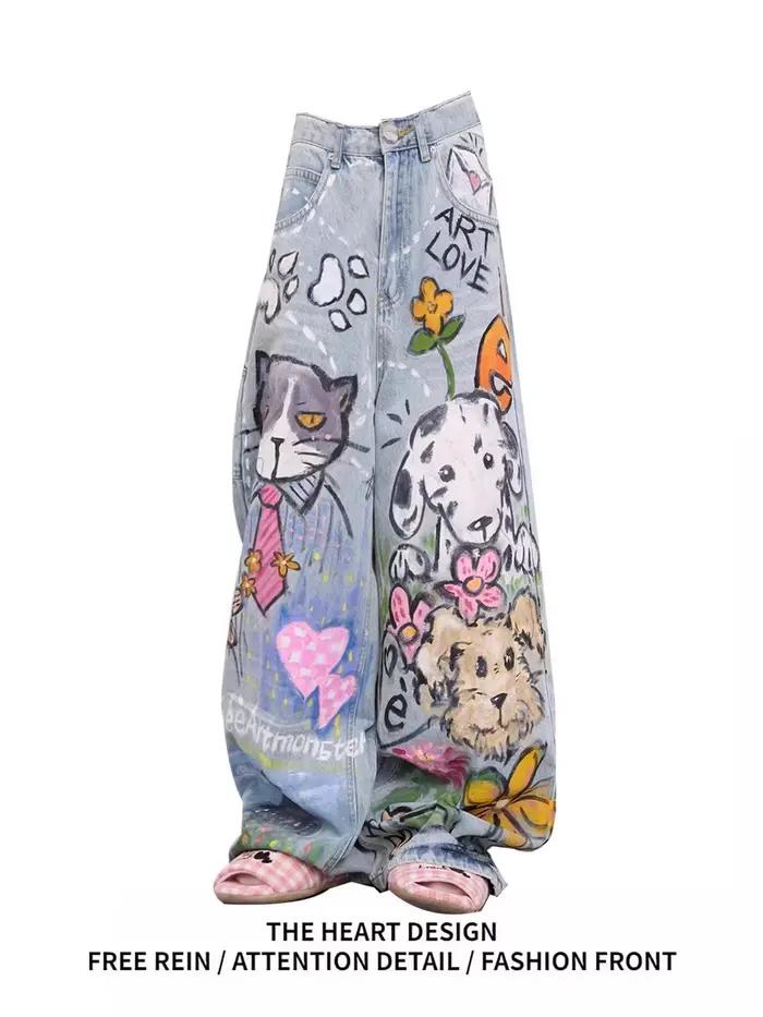Jeans imprimés Doodle style américain décontracté vintage coupe droite ample pantalon jambes larges baggy y2k pour dames