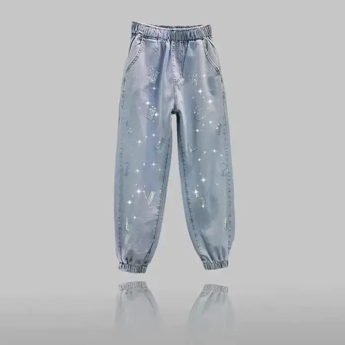 Jean en Denim Vintage Bleu Clair avec Strass pour Femme