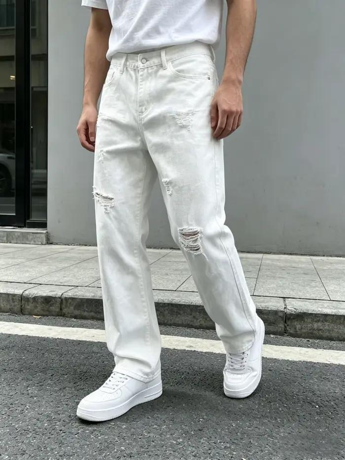 Jean en denim blanc déchiré coupe droite ample pour homme