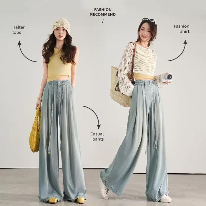 LOUIS YAO taille haute jambe droite jean 2025 été jean décontracté taille corde conception Lyocell 100% taille élastique pantalon ample