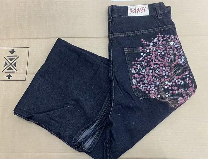 Jean Baggy BiggOrange Brodé Fleurs Cerisier Pantalon Vintage Taille Basse Jambes Larges Vêtements Y2K Hommes Femmes Occasions Décontractées