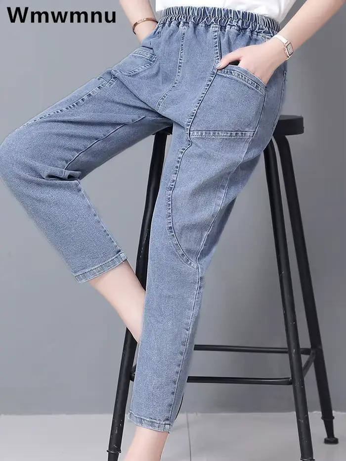 Femmes grande taille 4xl décontracté Denim cheville longueur pantalon Vintage maman Baggy Vaqueros élastique taille haute printemps été sarouel