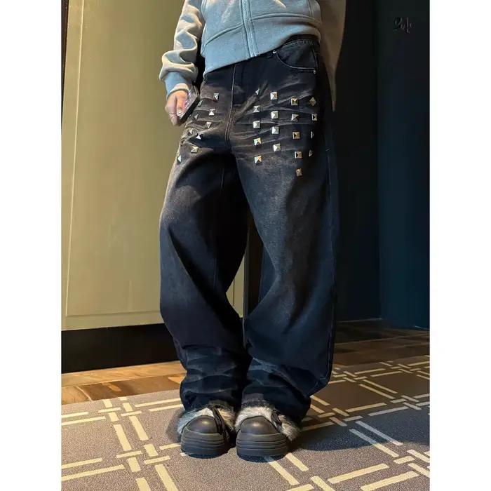 Nouveau Jean Rétro Délavé à Rivets Coupe Large Décontracté Polyvalent Tendance Style Balayant le Sol
