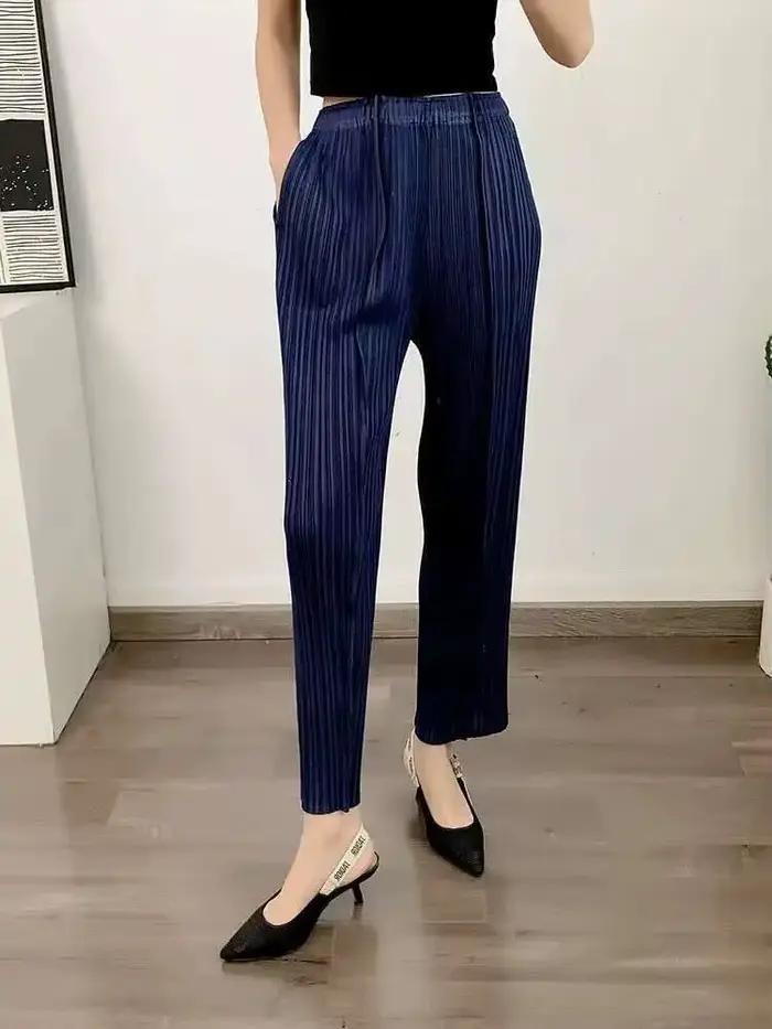 Pantalon droit plissé LANMREM taille haute polyester pour femmes printemps été casual chic plissé ajustement confortable