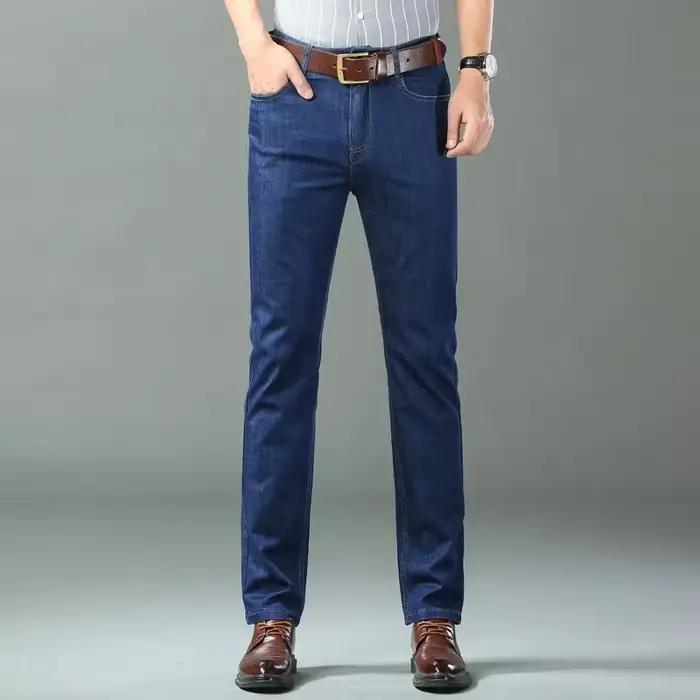 Nouveau jean en denim fin en soie glacée pour homme, bleu, coupe droite, extensible, pantalon en coton, décontracté, léger, printemps été, broderie subtile, tissage adoucissant