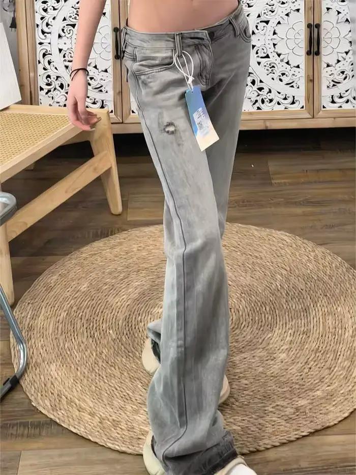 Pantalon évasé en denim gris vintage Harajuku avec broderies pour femmes style high street occasions printemps automne
