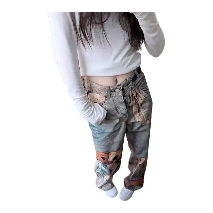 Jean large rétro imprimé ours américain pour femme