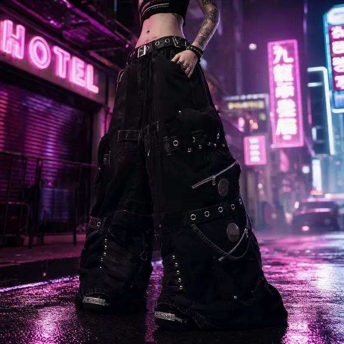 Pantalon en jean noir déchiré unisexe Y2K avec plusieurs poches cargo