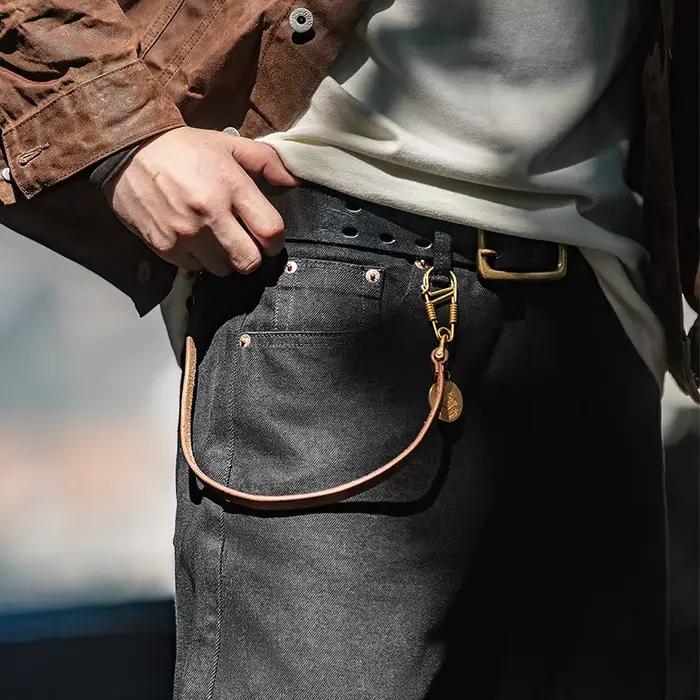 Maden hommes Vintage 12.8oz noir délavé Denim jean taille moyenne droite classique décontracté Zip mouche pantalon pour