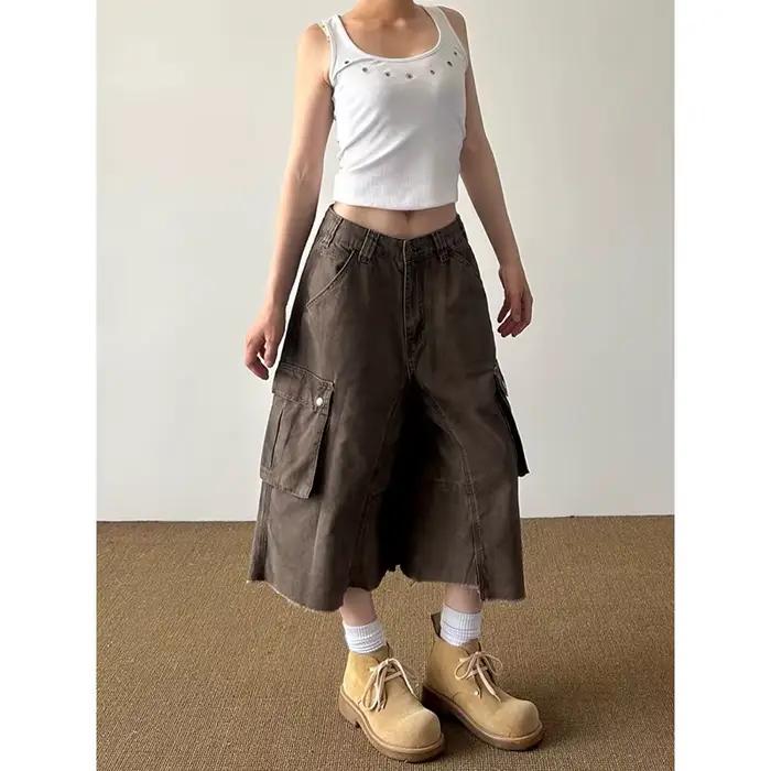 ZHIZOU Short en jean kaki rétro américain pour femme