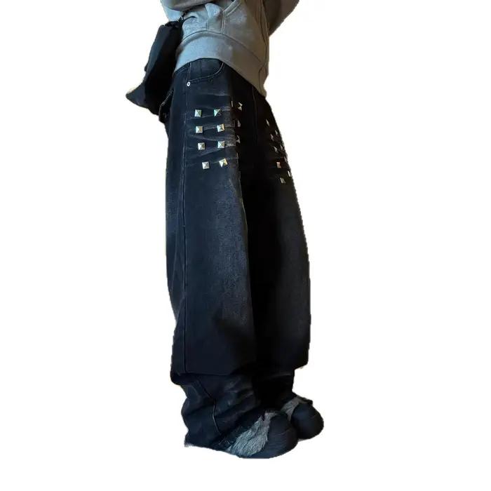Nouveau Jean Rétro Délavé à Rivets Coupe Large Décontracté Polyvalent Tendance Style Balayant le Sol