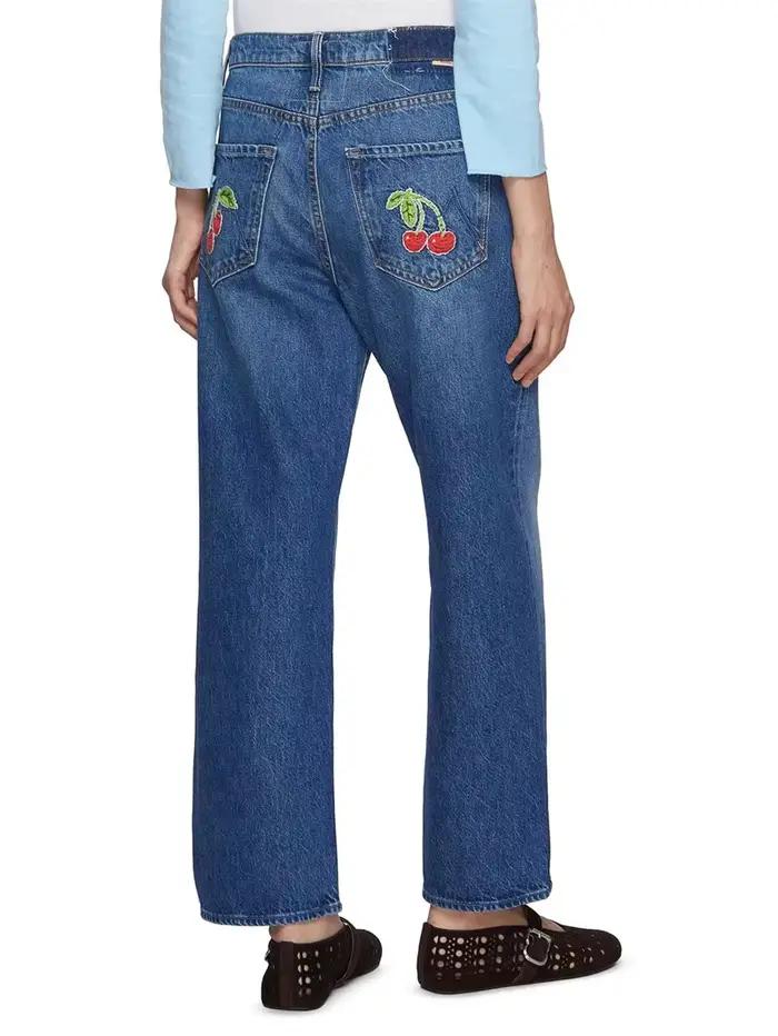 Femme taille haute jambe droite pantalon en Denim ample 2025 automne nouvelles femmes cerise brodé poche rétro jean polyvalent