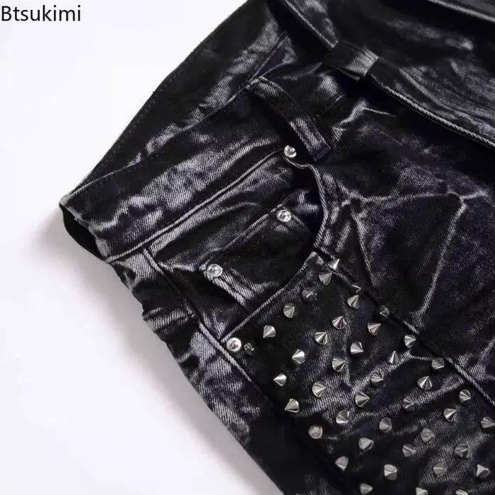 Jean Noir Rétro Punk Tendance Urbaine 2026 avec Rivets – Pantalon Slim Décontracté pour Homme