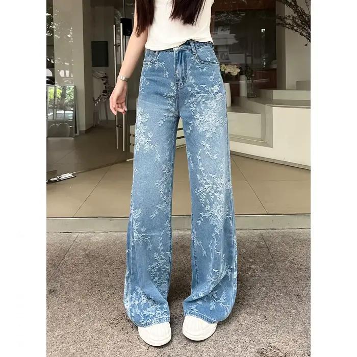 Pantalon ample pour femme en jean bleu ciel avec broderie et coupe décontractée pour toutes les occasions