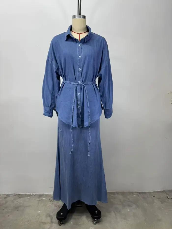 Ensemble tailleur jupe en jean pour femme