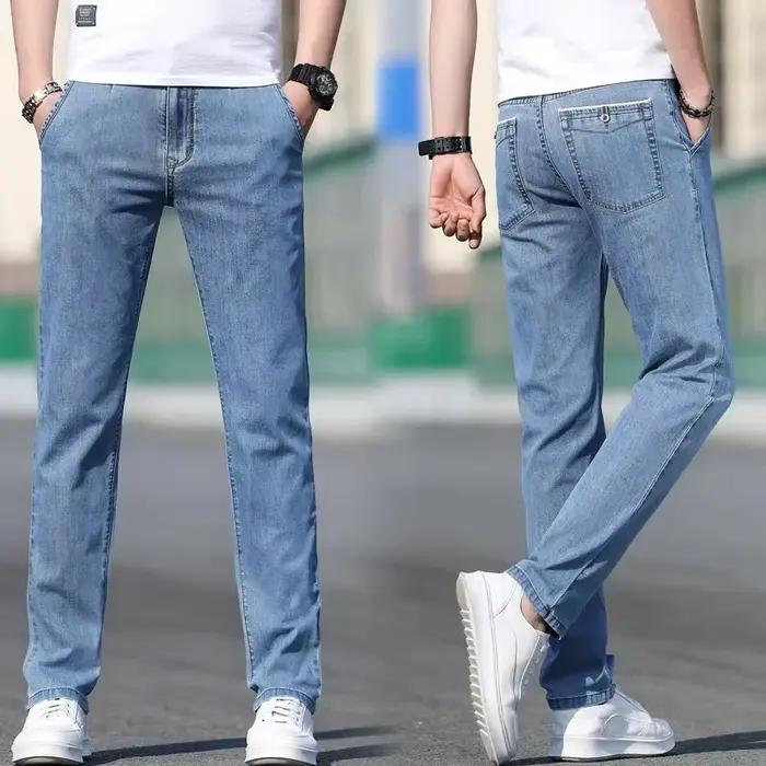 2025 été nouveaux hommes ample gris jean mode décontracté Stretch jambe droite Denim pantalon mâle bleu clair