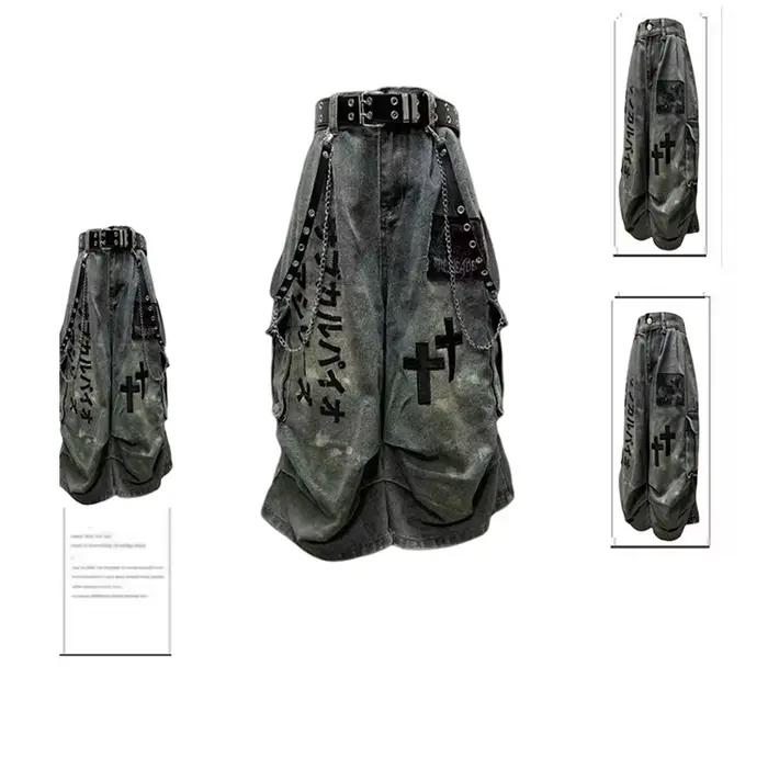 S-4XL Goblin Core Cross Denim Jorts Shorts Y2k mollet longueur Jean pantalon japonais Cyber Punk Grunge unisexe jambe large pantacourt