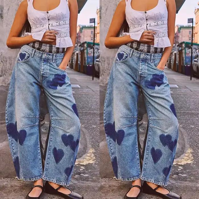 Jean femme imprimé pantalon Long décontracté ample Denim bleu maman coeur taille moyenne jambe large pantalon poche bouton Y2k épissure 2025