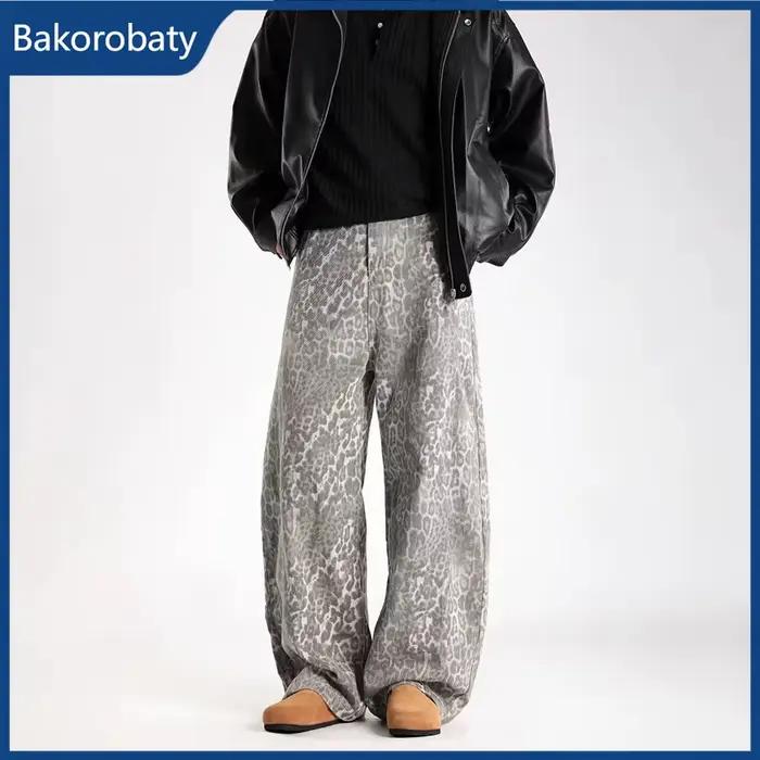 Jeans baggy incurvés en denim imprimé léopard délavé style rétro Y2K pour hommes occassions décontractées hip hop punk