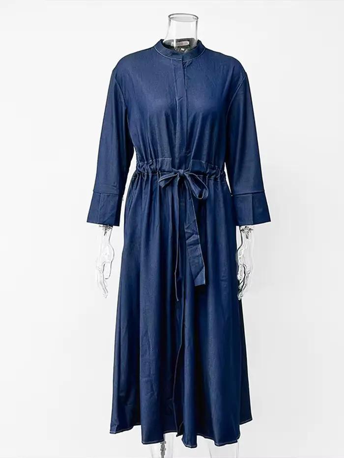 Mode Denim Robe longue pour les femmes à manches longues à lacets taille cintrée simple boutonnage
