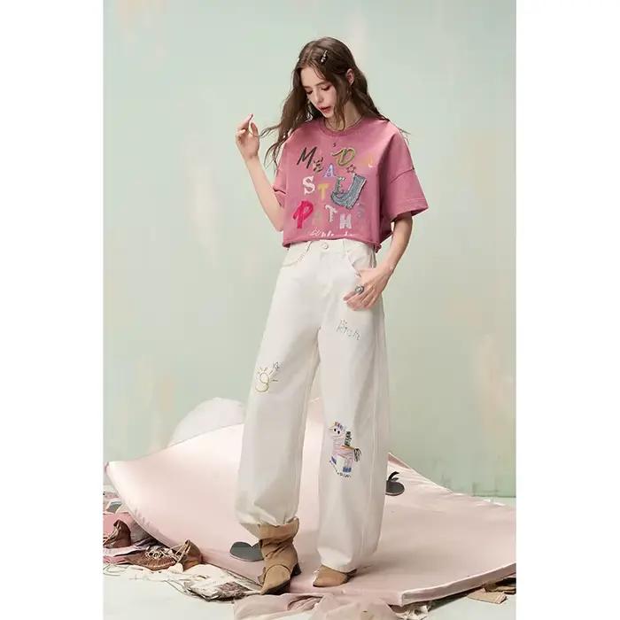 ELFSACK Jean à jambes larges avec broderie de poney de dessin animé