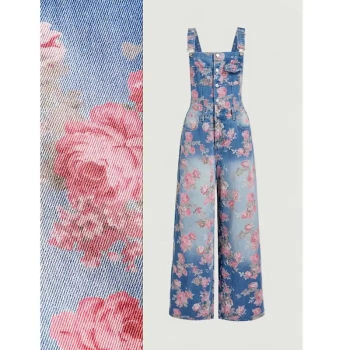 Salopette en jean vintage délavée à imprimé floral pour femme