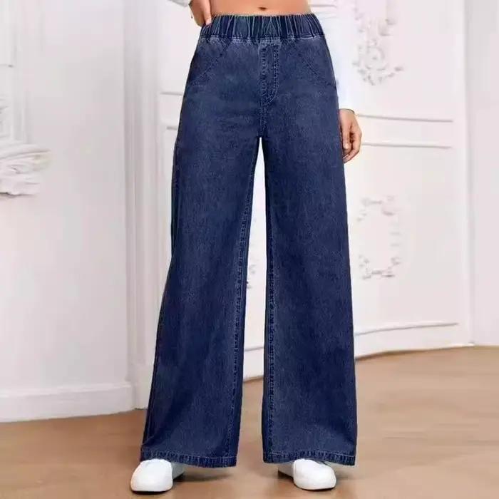 Jean décontracté bleu clair taille élastique jambe large pour femmes