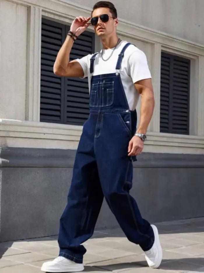 Salopette en denim bleu foncé ample pour homme sans manches ajustement lâche coupe décontractée pour quatre saisons ocassions diverses confort maximal